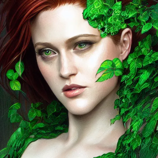 Image similar to full figure ultra realistic illustration, evan rachel wood as poison ivy, intricate, elegant, highly detailed, digital painting, artstation, concept art, smooth, sharp focus, illustration, art by artgerm and greg rutkowski and alphonse mucha