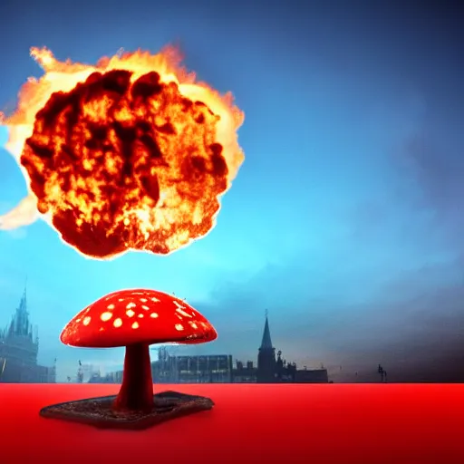 Prompt: high quality photo of Red Square with flames and mushroom cloud on background, highly detailed, 8k, professional