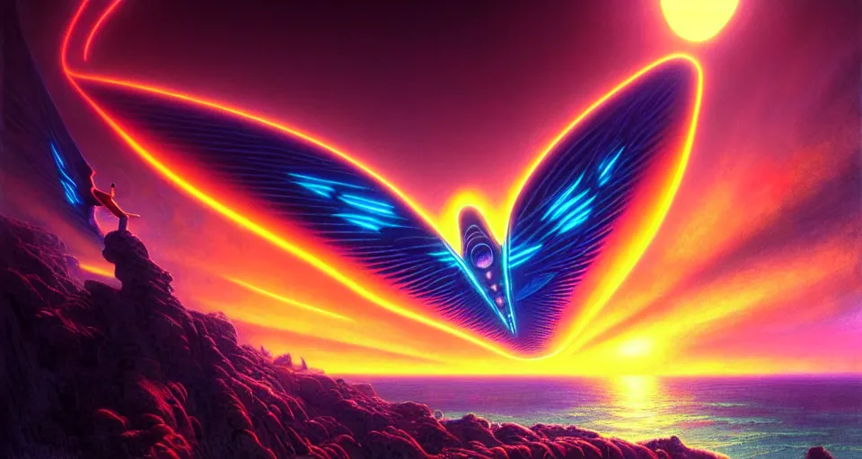 Prompt: psychedelic tron wings in front mind bending sunset, cliffside ocean scene, backlit, intricately aesthetic, surreal, diffuse lighting, hyper realistic, elegant, intricate, hyper detailed, smooth, sharp focus, concept art, illustration, trending on artstation, art by artem demura, greg rutkowski, james gurney, and alphonse mucha