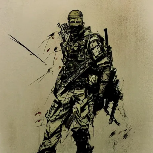 Prompt: Yoji Shinkawa style artwork of a soldier in the woods