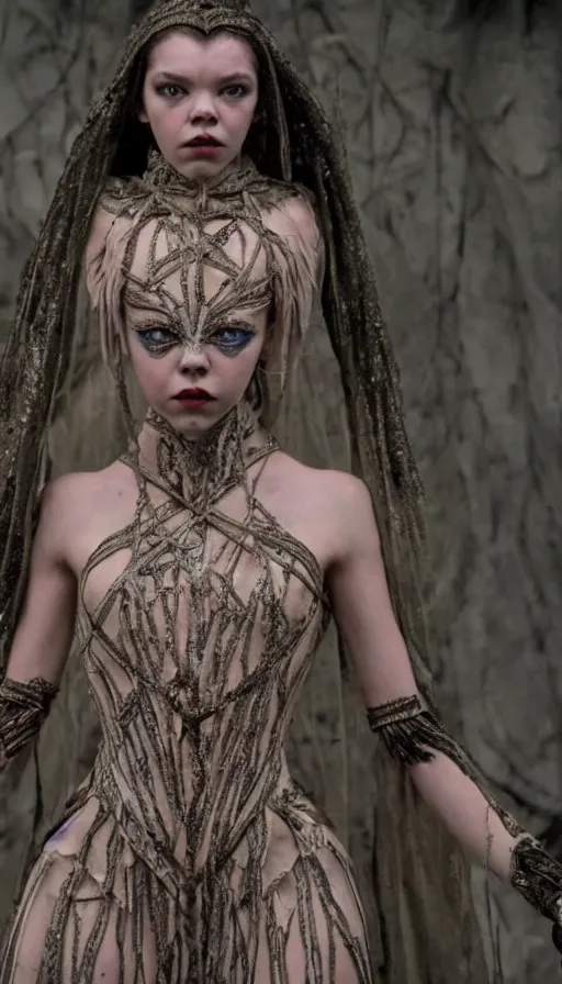 Image similar to dressed anya taylor - joy as senobith, symmetrical, cinematic, elegant, dark, real photography, costume made by clive barker, 4 k, ultra hd, sense of awe