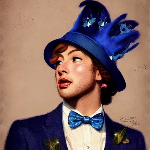 Image similar to an indigo bunting, wearing a crown and bowtie, by greg rutkowski, rossdraws, gil elvgren, enoch bolles, anime, very coherent