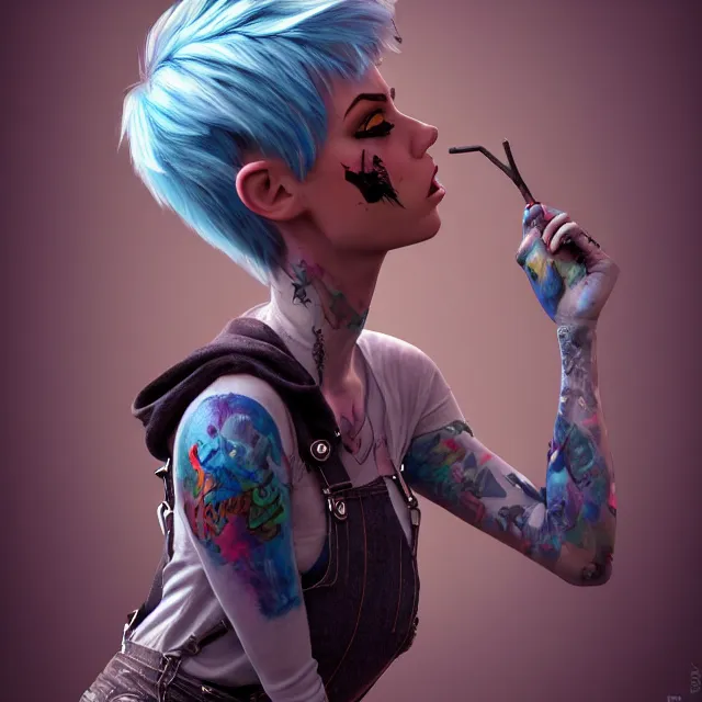 Image similar to full body pose, beautiful adult fairy, pixar, short white hair shaved sides, dirty, grungy, grunge, long sleeve, painted overalls, stacks of giant books, highly detailed, 4 k, hdr, smooth, sharp focus, high resolution, award - winning photo, artgerm, photorealistic