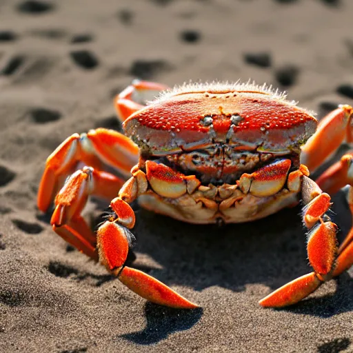 Image similar to a realistic image of a crab with hair, ultra high detail, the crab is on sand on a beach with ocean in the background, 8 k.