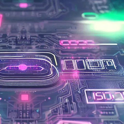 Image similar to futuristic signals, FUI, HUD, futuristic holographic UI floating over microchip paradise of circuitry and futuristic technology