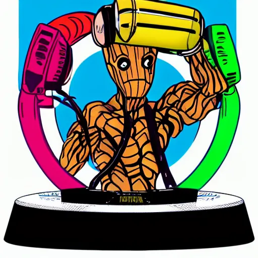 Image similar to svg sticker of a Pop-Wonder Groot-Marvel-Avenger at a rave, spinning records, giant headphones rocking out, wearing headphones, huge speakers, dancing, rave, DJ, spinning records, digital art, amazing composition, rule-of-thirds, award-winning, trending on artstation, featured on deviantart