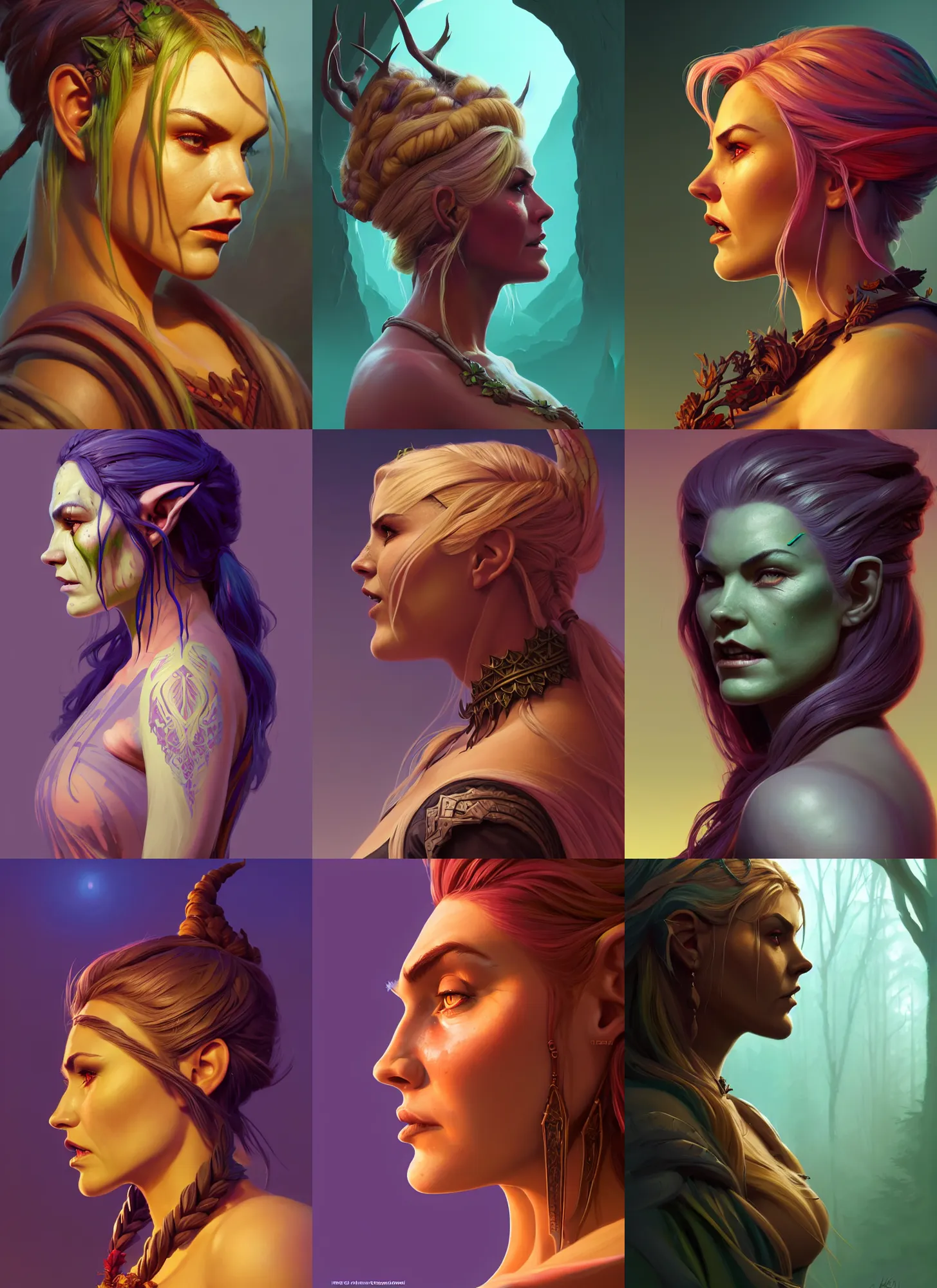 Prompt: side profile centered painted portrait, elisha cuthbert as female orc forest druid, d & d, gloomhaven, matte painting concept art, art nouveau, beautifully backlit, swirly vibrant color lines, fantastically gaudy, aesthetic octane render, 8 k hd resolution, by ilya kuvshinov and cushart krentz and gilleard james