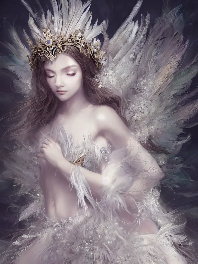 Prompt: ((A beautiful fantasy empress)), highly detailed full body, beautiful eyes, detailed intricate white flower tiara, feathers, ((wearing aristocrat robe)), silk tutu, highly detailed figure, fractal crystal, epic composition, ultra wide-shot, dynamic pose, concept art, beautifully lit, digital painting, smooth, desaturated color theme, character design, sharp focus, elegant, intricate, post processing, artstation, by WLOP, James Jean, Victo Ngai, ryohei hase