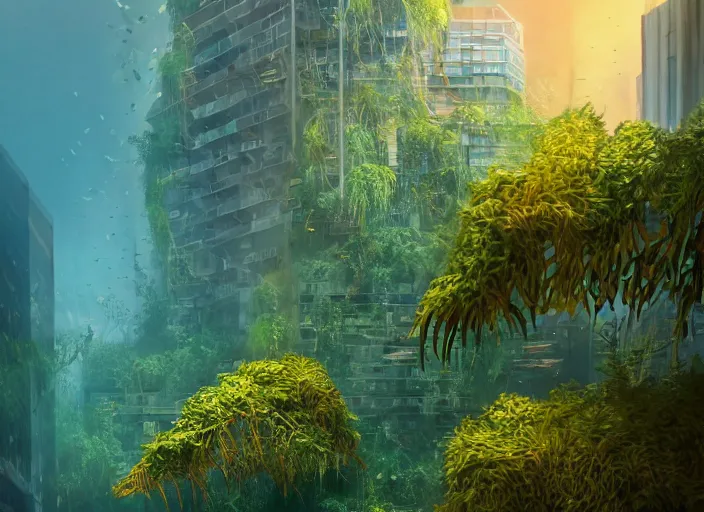 Image similar to overgrown foliage overtaking tall buildings, underwater environment, storefronts, coral, scenery, professional, award - winning, trending on artstation, detailed, realistic, beautiful, emotional, shiny, golden, picture