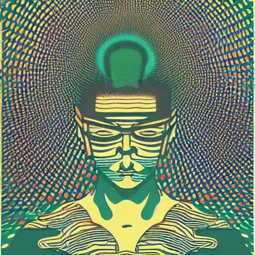 Prompt: what blind people see on a psychedelic trip, flat design, screen print by kawase Hasui and Dan hillier, 8k, artstation