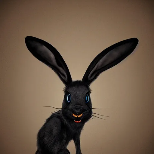 Image similar to A extremely highly detailed majestic hi-res beautiful, highly detailed head and shoulders portrait of a scary terrifying, horrifying, creepy black cartoon rabbit with scary big eyes, earing a shirt laughing, hey buddy, let's be friends, in the style of Walt Disney animation