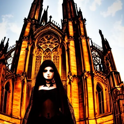 Image similar to gothic girl dressed in black, behind her a gothic cathedral, dramatic lights, dark ambients, the windows of the cathedral are reflecting red flame lights, golden hour, detailed face, intricate ornaments