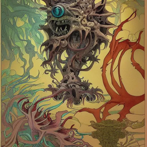 Prompt: madness creature, fluid, smooth, organic, crazy, bright, colours, tumours, high contrast, sharpness, dramatic, very detailed, intricate, by studio ghibli and mucha and studio disney