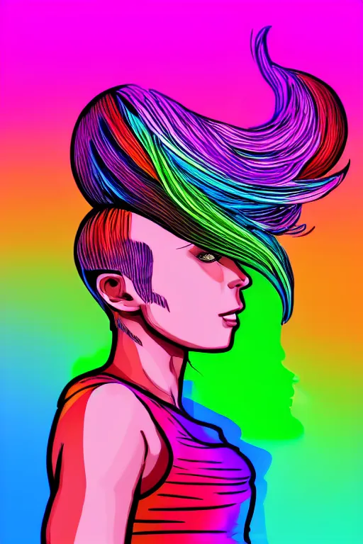 Image similar to a award winning half body portrait of a beautiful woman with stunning eyes in a croptop and cargo pants with rainbow colored ombre hairstyle head in motion and hair flying by thomas danthony, outlined by whirling illuminated neon lines, microphone, outrun, vaporware, shaded flat illustration, digital art, trending on artstation, highly detailed, fine detail, intricate