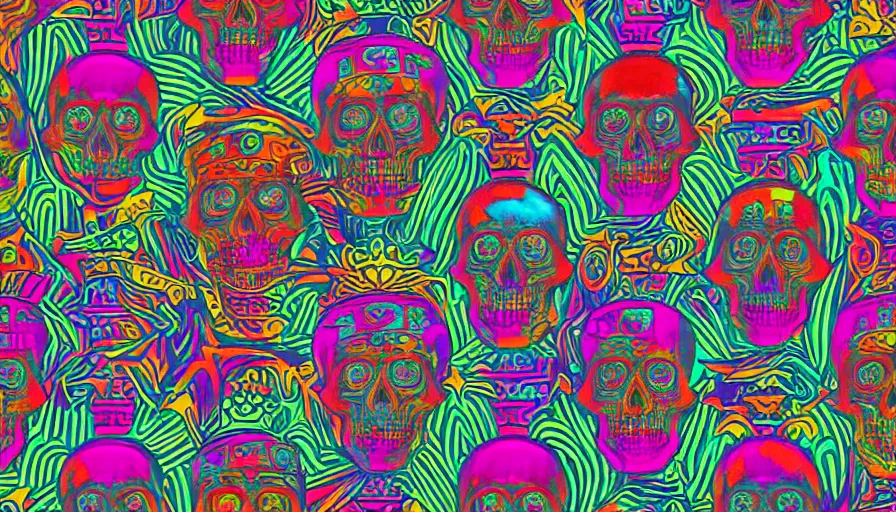 Prompt: single psychedelic aztec skull outrun style