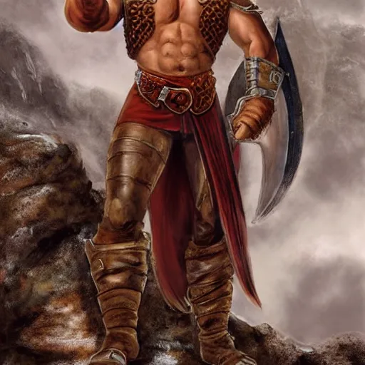 Image similar to character art, d&d, muscular fighter wearing leather chest plate with uncovered arms, ginger hair, great sword, feet standing in a rocky environment by john avon, matte painting by drew struzan and simon bisley, render