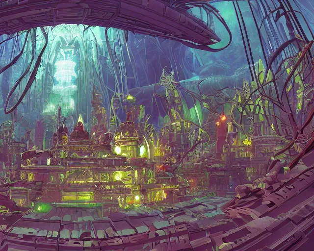 Prompt: the cyber temple in the robo-jungles, wide-angle shot, angled view, fisheye lens, , animation background painting from Thundercats (1985) and Masters of the Universe (1983), up-angle view, macabre, burtonesque, two point perspective, clean scan, artstation trending, studio ghibli, animatrix, 8k
