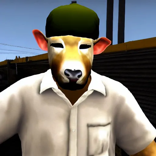 Prompt: a man that looks like a cow, as a character in gta san andreas, screenshot