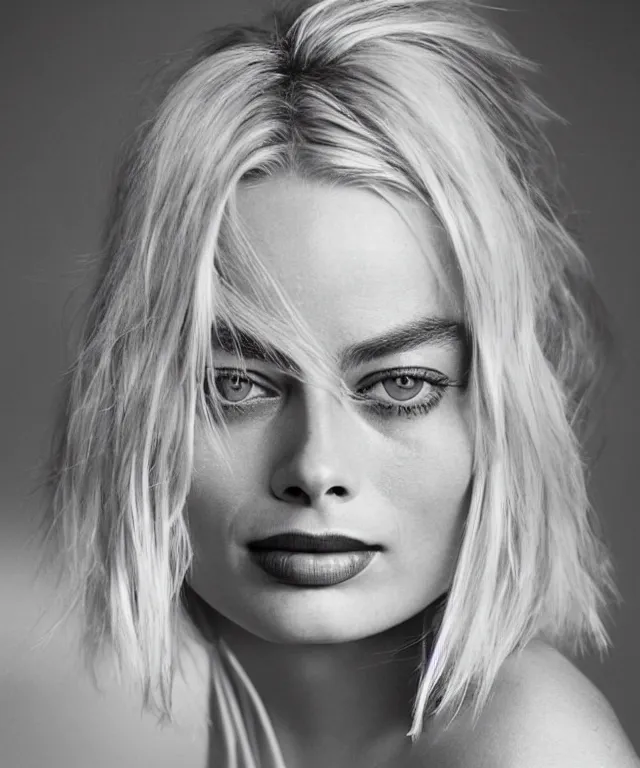 Image similar to a color photograph of margot robbie, by bernd & hilla becher, platinum blond, intense, bold, exaggerated, ultra sharp, extra details, ultra high quality, trending on pinteresst