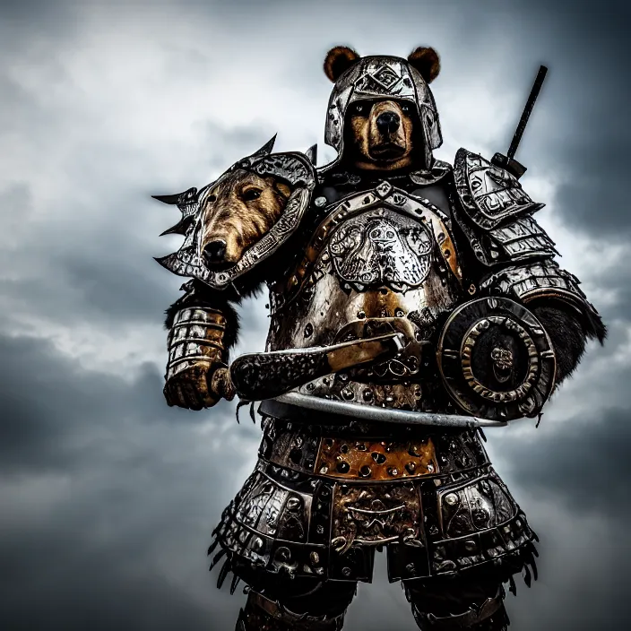 Image similar to photo of a warrior with metal putin with a bear themed armour, highly detailed, 4 k, hdr, smooth, sharp focus, high resolution, award - winning photo