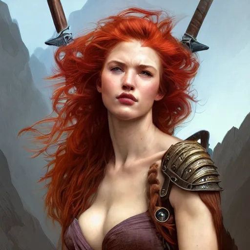 Prompt: portrait of a young ruggedly handsome buxom but joyful barbarian, female, feminine, upper body, red hair, long hair, d & d, fantasy, seductive smirk, intricate, elegant, highly detailed, digital painting, artstation, concept art, matte, sharp focus, illustration, art by artgerm and greg rutkowski and alphonse mucha
