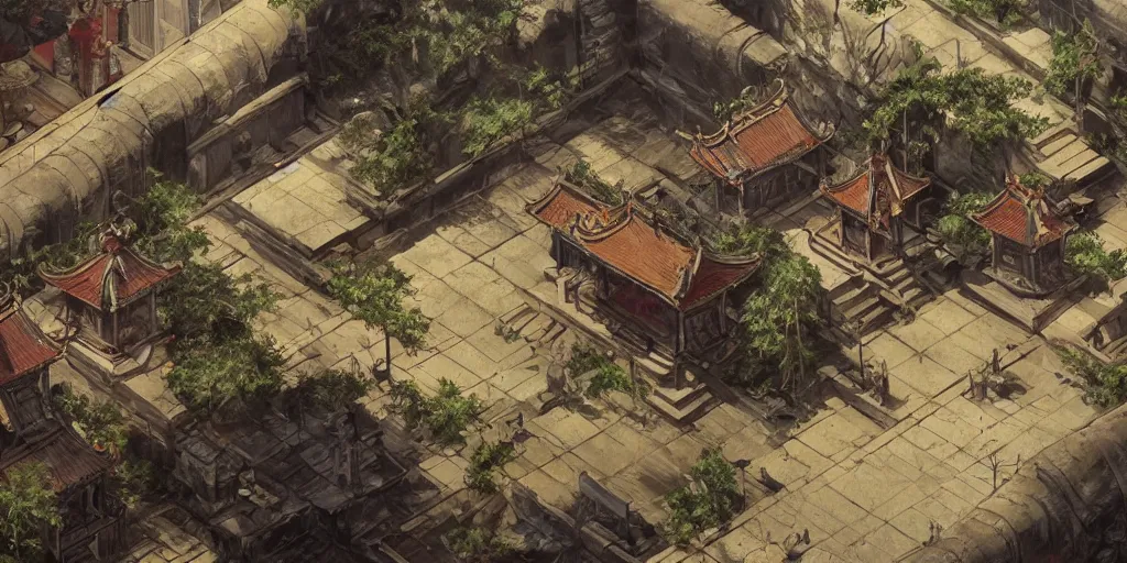 Image similar to vietnamese temple scene, side scroller, 2 d game art background, sharp, detailed, intricate, game level design, cinematic lighting, ultrarealistic, photorealistic, trending on artstation, in the style of yoji shinkawa and greg rutkowski and federico pelat and wlop and karol bak and bouguereau and santiago caruso