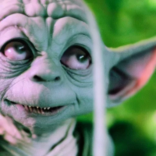 Image similar to A singular creature mix between Yoda and Gollum, center frame medium shot, shot on technicolor cinemascope 35mm anamorphic lense, flare, still from a movie