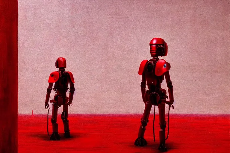 Image similar to only with red, a red samurai droid, tokio futuristic background, yokai, in the style of beksinski, parts by edward hopper, parts by rodcenko, parts by yue minjun, intricate and epic composition, red by caravaggio, insanely quality, highly detailed, masterpiece, red light, artstation, 4 k