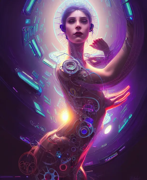 Image similar to a whirlwind of souls rushing inside the metaverse, hologram, half body, neurochip, shaved temple, piercing, jewelry, android, cyborg, cyberpunk face, by loish, d & d, fantasy, intricate, elegant, highly detailed, colorful, digital painting, artstation, concept art, art by artgerm and greg rutkowski and alphonse mucha