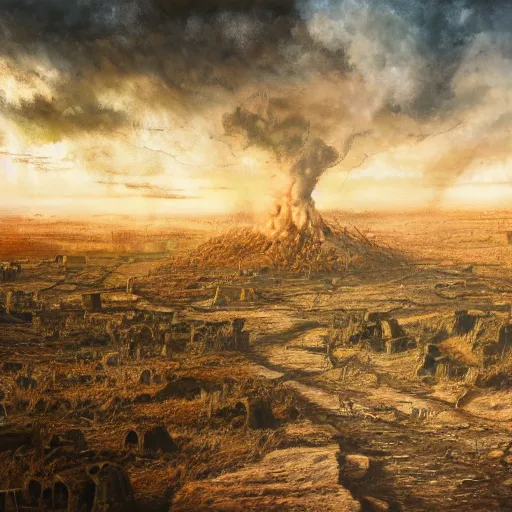 Prompt: a post-apocalyptic civilisation after a nuclear war has ravaged the land, oil on canvas, pastel colours, uplifting, 8k render, extremely detailed