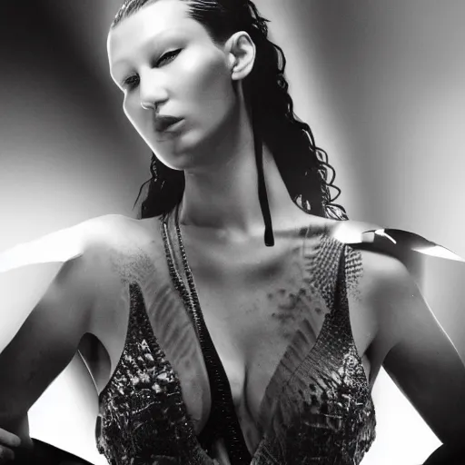 Prompt: bella hadid as maison margiela model on rammstein show. alexander mcqueen best fashion performance. exposure. mysterious. tape photo. processing. lost photo. deep dream effect. award wining photography.. perfect composition. photography masterpiece. ominous valley effect. vfx.