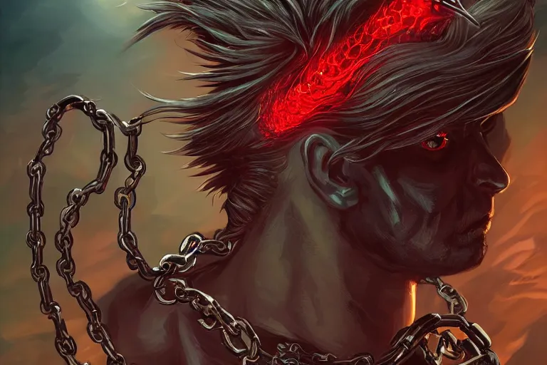 Image similar to lucifer, dark angel, hybrid human with snake, red eyes, chain, handcuffs, large chain, wide open mouth, scream, cruelty, sea bottom, light effect, highly detailed, artstation, concept art, matte, sharp focus, illustration, by dan mumford, yusuke murata, makoto shinkai, ross tran