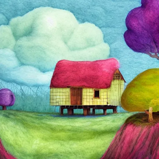 Image similar to small wooden house in the middle of spring forest, bright colours, watercolor, volumetric wool felting, macro photography, children illustration, by goro fujita
