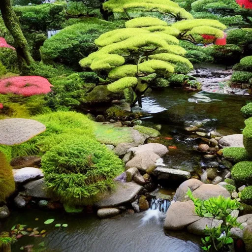 Image similar to photo of japanese house with small stream beside the house. koi fish are swimming in the stream, high detail, cinematic, beautiful