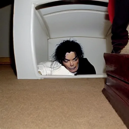 Image similar to michael jackson hidding under a bed