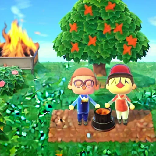 Image similar to animal crossing salem witch trials, burning, fire