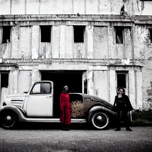 Prompt: photography of five musicians included one singer posing in front of an abandoned building near an old renault super 5 car on the side, new album cover, brass instruments, soul singer, sousaphone, 8 k, ultra realistic photography, highly detailed, cinematic lightning