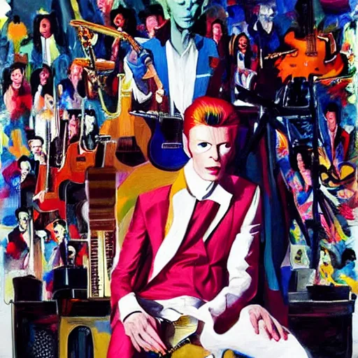 Prompt: a painting of David Bowie, wearing a white suit, sitting on a throne of guitars, in the style of Alex Ross