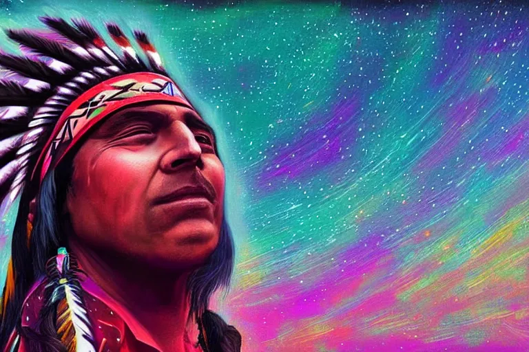 Image similar to digital art of a spiritual native american man looking up at the stars, acrylic art, universe, painting, pastel colors, synthwave, retro, cyberpunk,