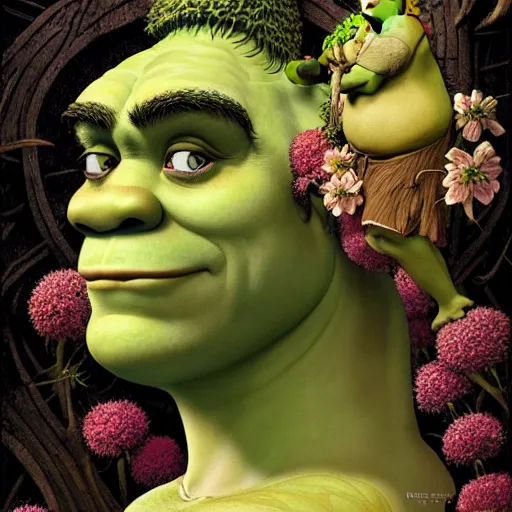 Image similar to a beautiful detailed front view portrait of shrek with ornate growing around, ornamentation, flowers, elegant, beautifully soft lit, by wayne barlowe, peter mohrbacher, kelly mckernan,