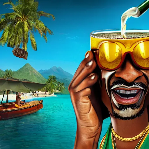 Image similar to a closeup photorealistic photograph of happy blunt smoking snoop dogg at trader vic's bar holding up a trader vic's style tiki mug featuring snoop dogg's face. tiki culture. bright scene. 4 k hd image that's trending on artstation, featured on behance, well rendered, extra crisp, features epic composition and the style of unreal engine.