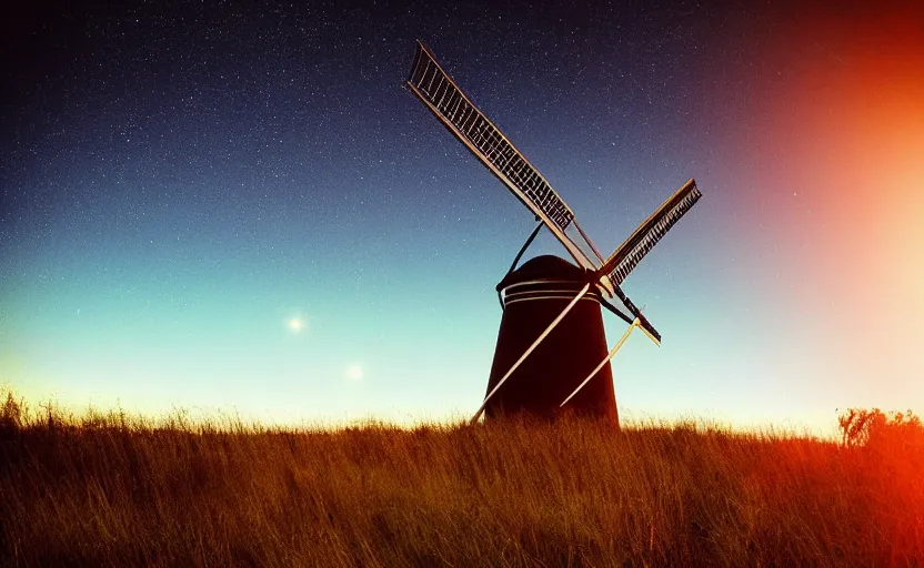 Image similar to “ sunset windmill with meteor shower in the background, cinematic, award winning ”