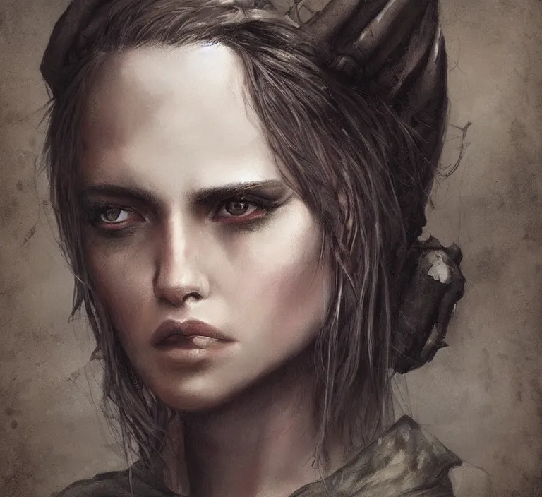 Image similar to a rugged female marine in the style of tom bagshaw