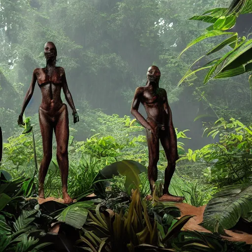 Image similar to « group persons, dark jungle, far view, unreal engine 5, highly detailed, exploring, fantasy, »