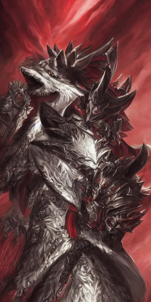 Image similar to beautiful, highly detailed, anthropomorphic elegant crimson wolf knight furry in armor, magic the gathering