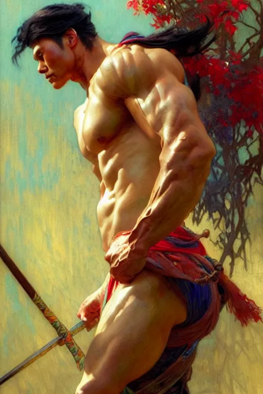 Image similar to attractive muscular man, wuxia, colorful, painting by gaston bussiere, craig mullins, greg rutkowski, alphonse mucha