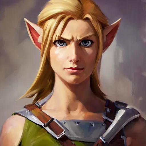 Image similar to greg manchess portrait painting of partially armored female link from legend of zelda as overwatch character, medium shot, asymmetrical, profile picture, organic painting, sunny day, matte painting, bold shapes, hard edges, street art, trending on artstation, by huang guangjian and gil elvgren and sachin teng