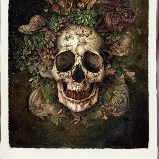 Prompt: a beautiful detailed front view baroque portrait of a rotten woman corpse becoming almost a skull with fractal plants and fractal flowers and mushrooms growing around, intricate, ornate, volumetric light, beautiful lit, polaroid photography