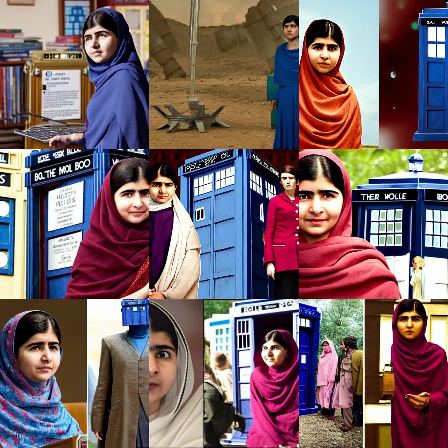 Prompt: Malala Yousafzai as the 12th Doctor, with the TARDIS, tv still from the BBC tv series 'Doctor Who'