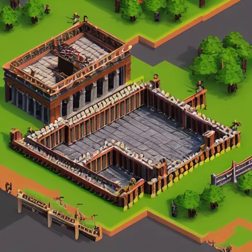 Prompt: Isometric building construction, low poly style like age of empires, hd